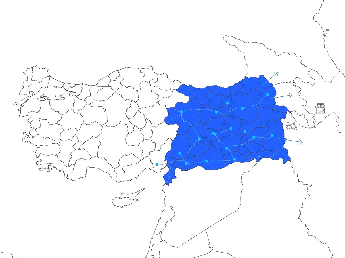 Line map of Türkiye with the eastern region highlighted and routes heading east