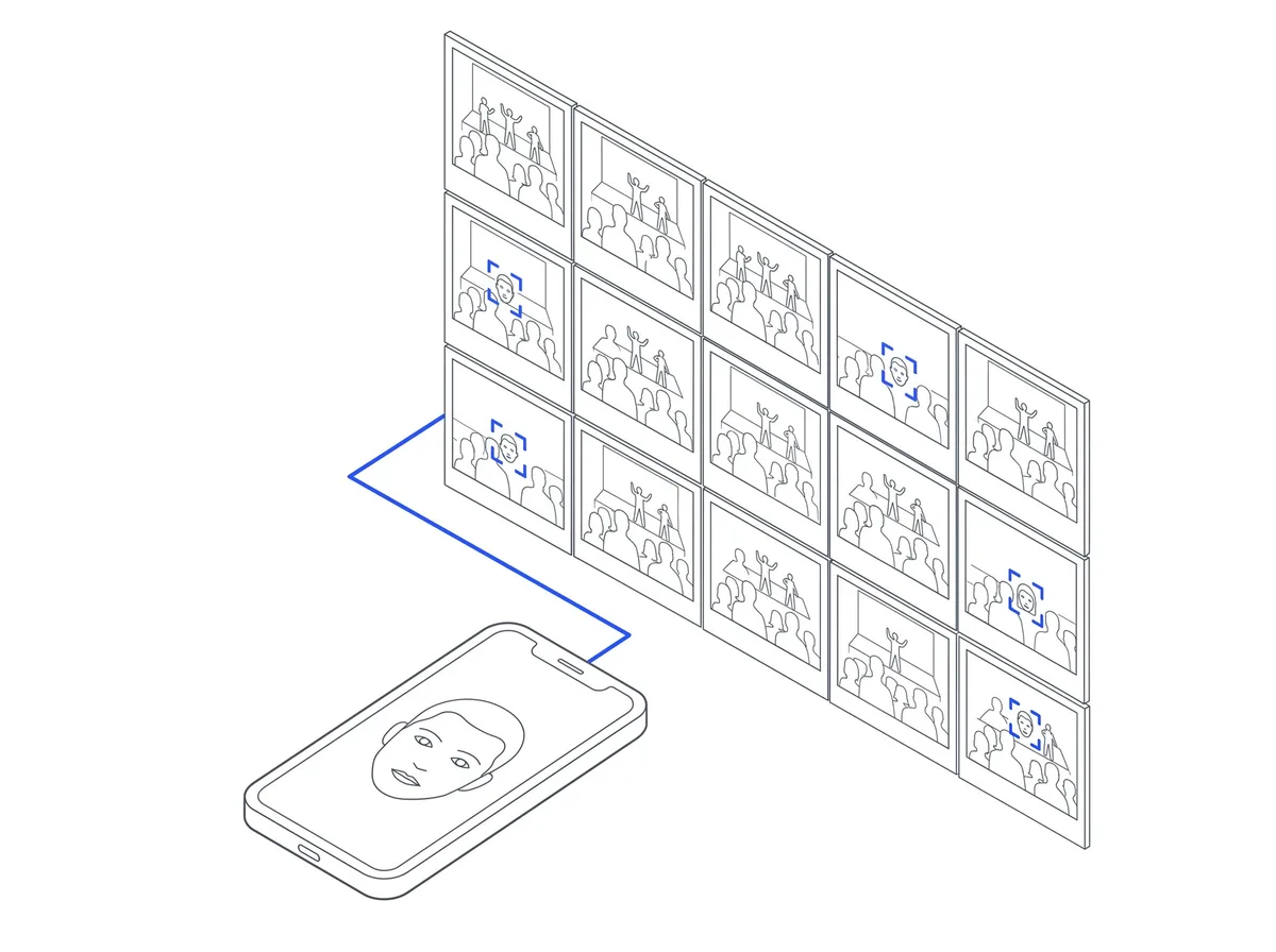 Line drawing: a selfie matched across a wall of event photos